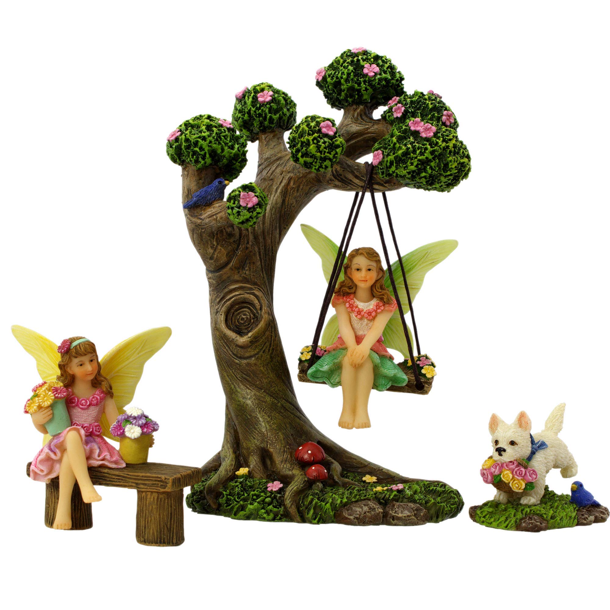 PRETMANNS Fairies for Fairy Garden – Cute Accessories Kit for Indoor or Outdoor Miniature Garden – Figurines, Tree Swing & Puppy Included – 4 Piece Set