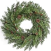 Waipfaru 24 Inch Christmas Wreaths for Front Door, Real Touch Cedar Wreath, Artificial Green Pine Reef for Front Door Windows Indoor Outdoor Holiday Xmas Decoration