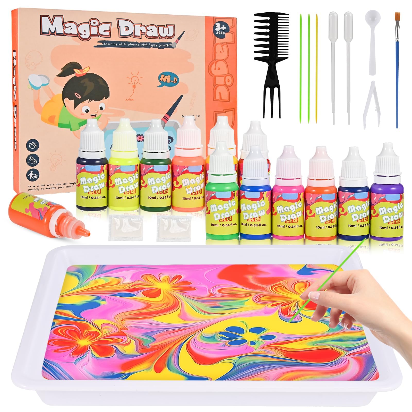 GOLDGE 12-Colour Water Marbling Paint Kit for Kids – Arts and Crafts for Kids with Tray & Tools – Gifts for for Girls & Boys Ages 6-12 Toys for 6 7 8 9 10 11 12 Years Old
