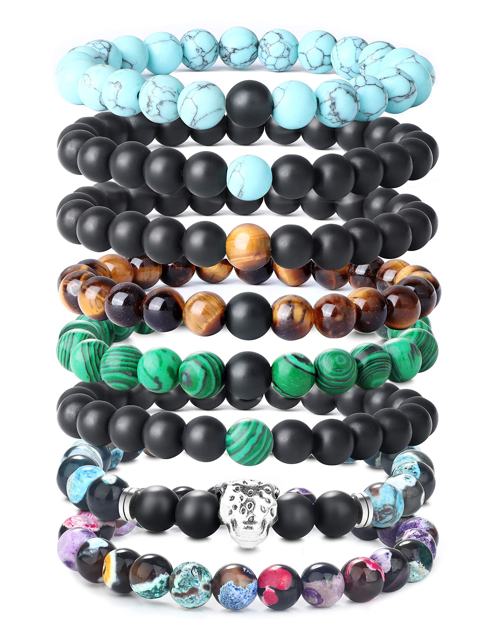 YADOCA 8 Pcs 8MM Beads Bracelet for Men Women Natural Stone Long Distance Couple Bracelets Elastic Yoga Beads Bracelets Set