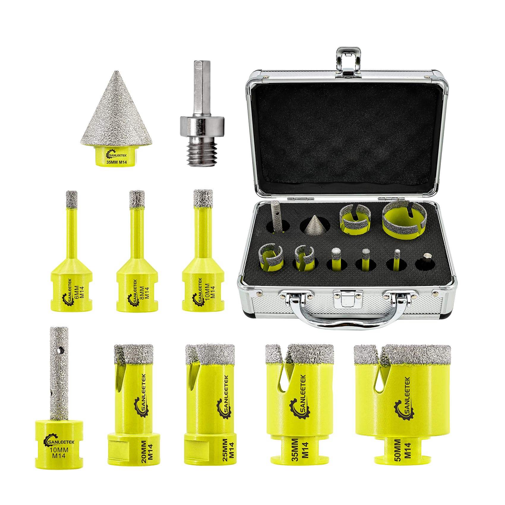 Diamond Core Drill Bits Set - SANLEETEK 10pcs Hole Saw Kit (6/8/10/20/25/35/50mm+10mm Finger Bit+35mm Beveling Chamfer Bit+Hex Adapter) for Tile Porcelain Ceramic Marble Granite with M14 Thread