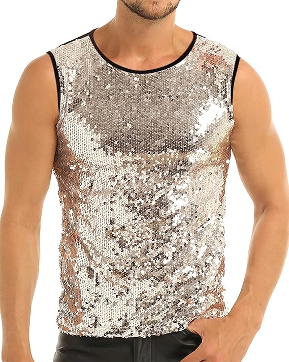 Freebily Men's Shiny Sequin Tank Top Slim Fit Clubwear Vest Sleeveless