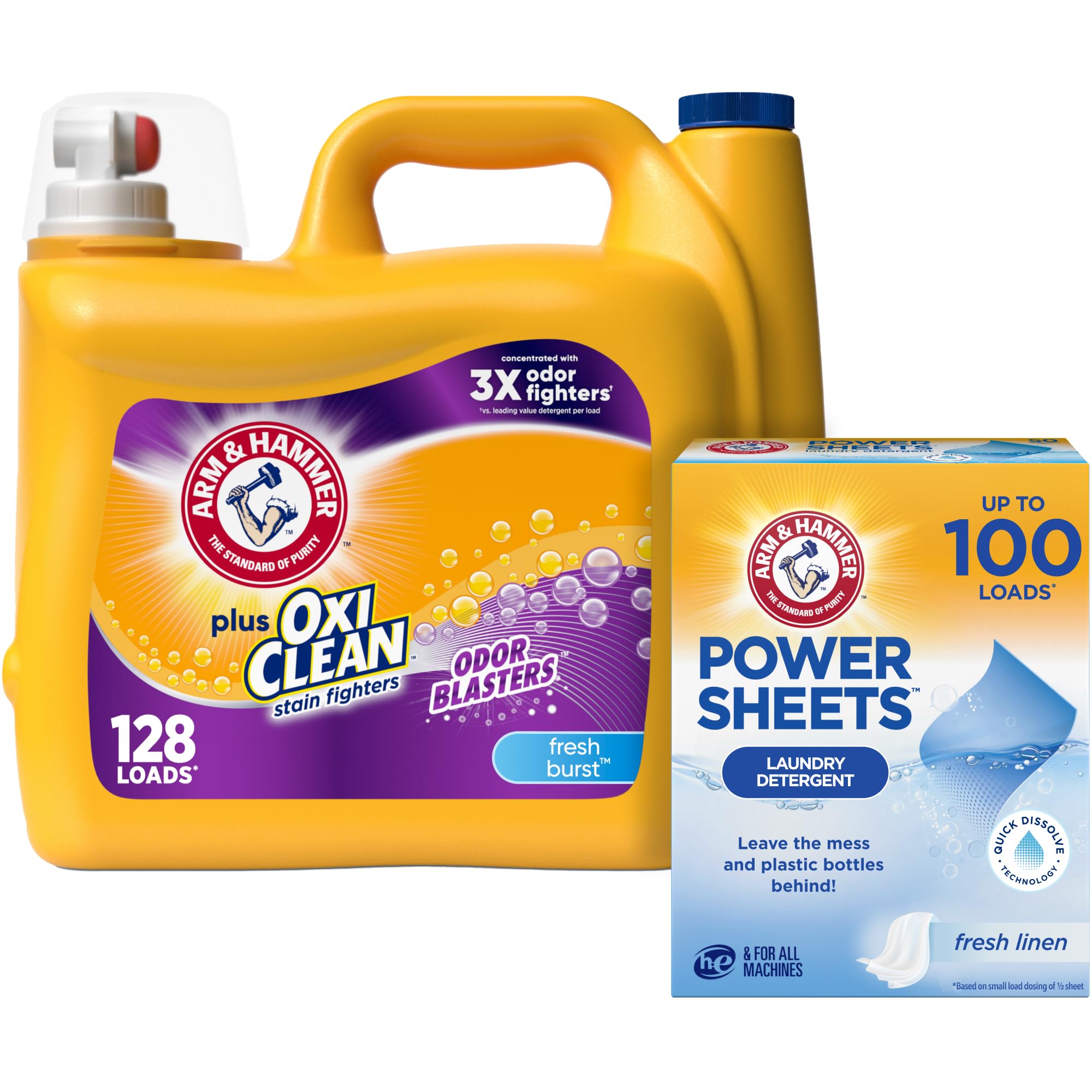 Bundle of Arm & Hammer Power Sheets Laundry Detergent, Fresh Linen 50ct, up to 100 Small Loads (Packaging may vary) + Arm & Hammer Plus OxiClean Odor Blasters Fresh Burst Image