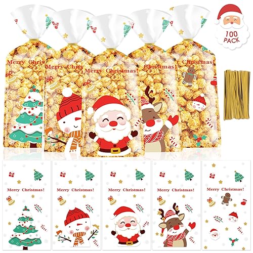 PADELO 100 Pcs Christmas Treat Bags - Merry Christmas Candy Bag, Plastic Xmas Cellophane Cello Goodie Goody Cookie Gift Snack Bags with Twist Ties for Goodies Present Wrap Xmas Party Favors Supplies