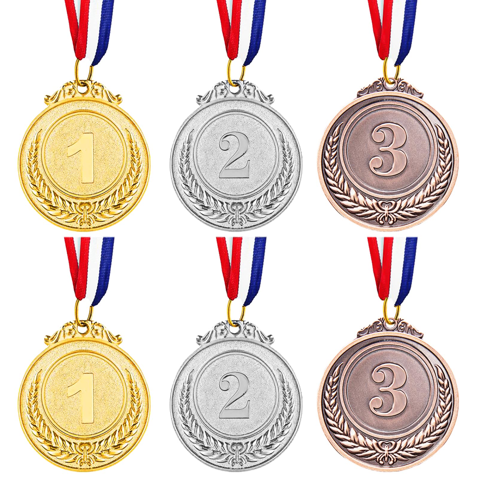 Udewo 6 Pack Metal Olympic Medals - Gold, Silver, Bronze for Children's Sports Day and Lockdown - With Ribbon for Adults and Kids