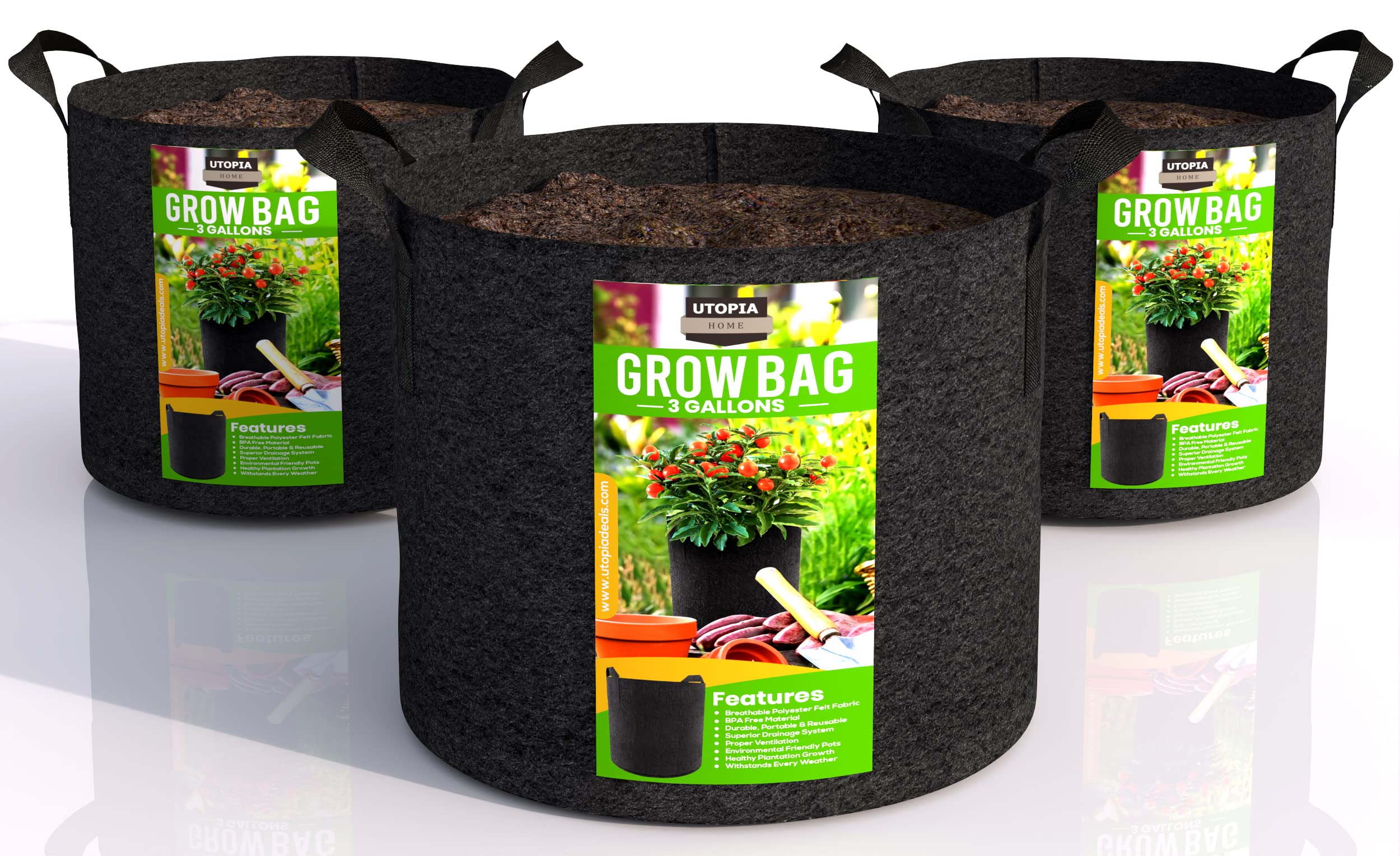 Photo 1 of Utopia Home 3-Pack 3 Gallon Fabric Grow Bags, 300G Thickened Nonwoven Fabric Planters Pots, Aeration Fabric Pots with Handles, Nonwoven Fabric Bags Suitable for Vegetables Flowers Mushroom