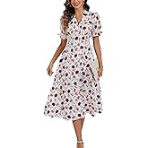 Kormei Women's Casual V Neck Boho Floral Short Sleeve Button Down Split A line Summer Beach Party Long Dress with Pockets
