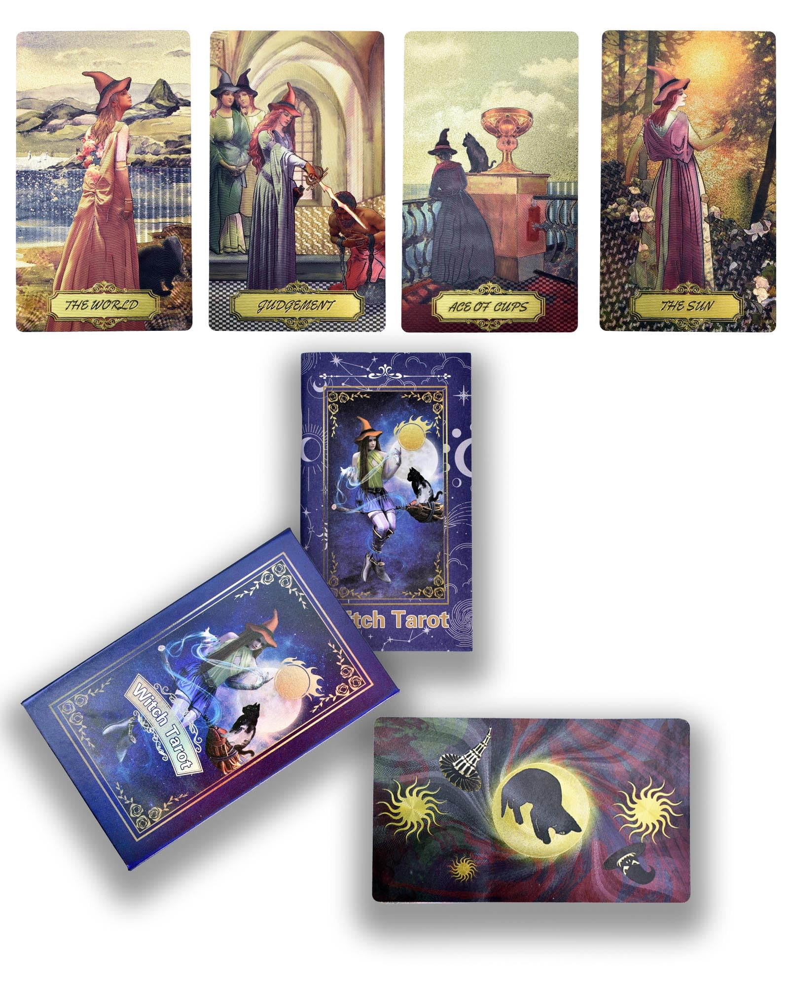 YIMINGOUFEI Witch Tarot Cards, English Edition with 50-Page Guide, PET Holographic Printing, Waterproof and Wrinkle-Resistant, Magenta Cat Back Design, 78-Card Deck