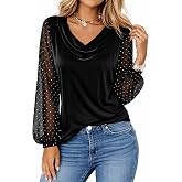 AEQUEM Womens Velvet Top Cowl Neck Sparkly Rhinestone Mesh Sheer Long Sleeve Dressy Blouse for Date Night Concert Outfits
