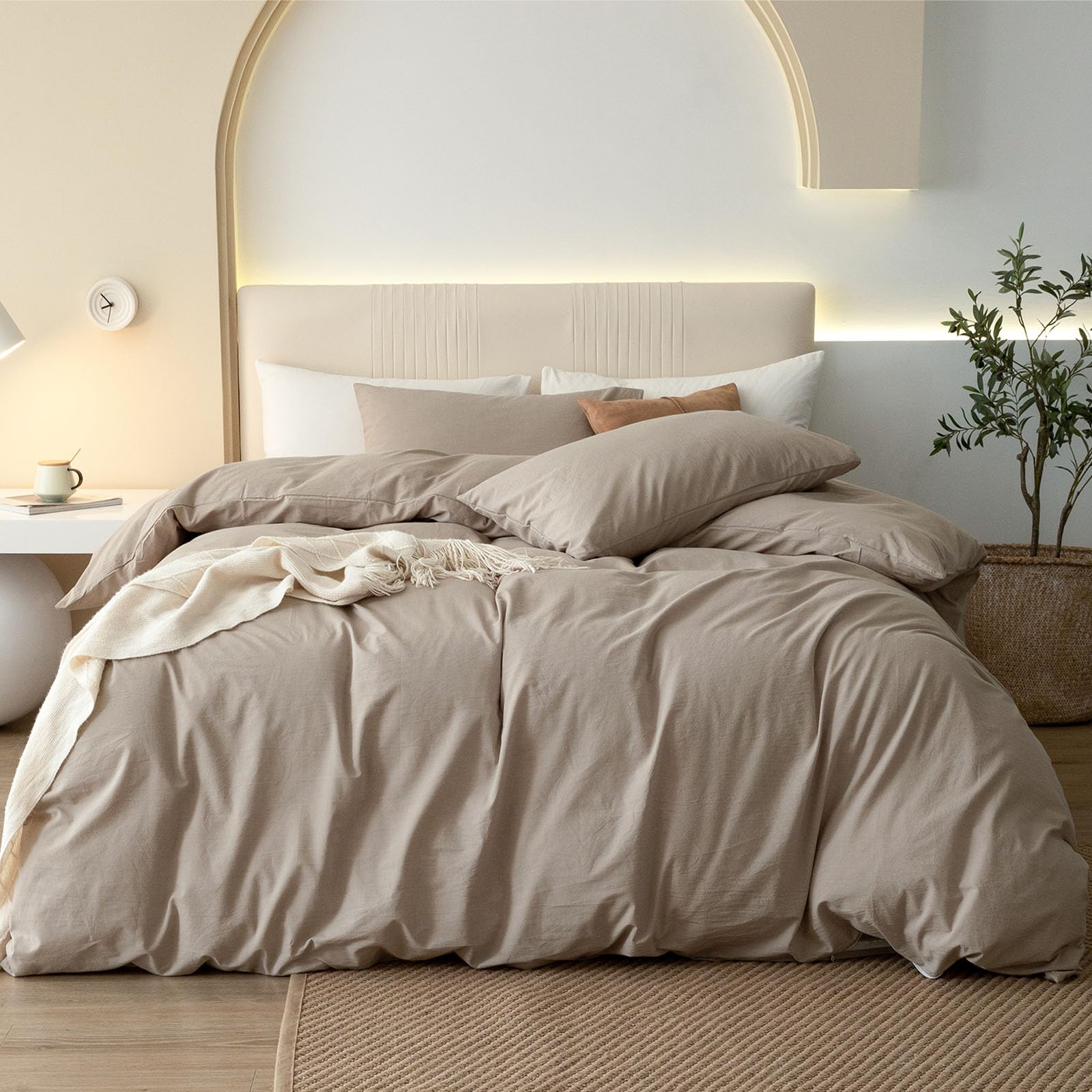 Photo 1 of *Comforter Not Included* JIYUAN 100% Washed Cotton Duvet Cover Set 3 Pieces King, 1 Duvet Cover 104x90 Inches(Comforter Not Included) and 2 Pillowcases,Linen Feel Bedding Set Comfy and Breathable, Heathered Warm Taupe