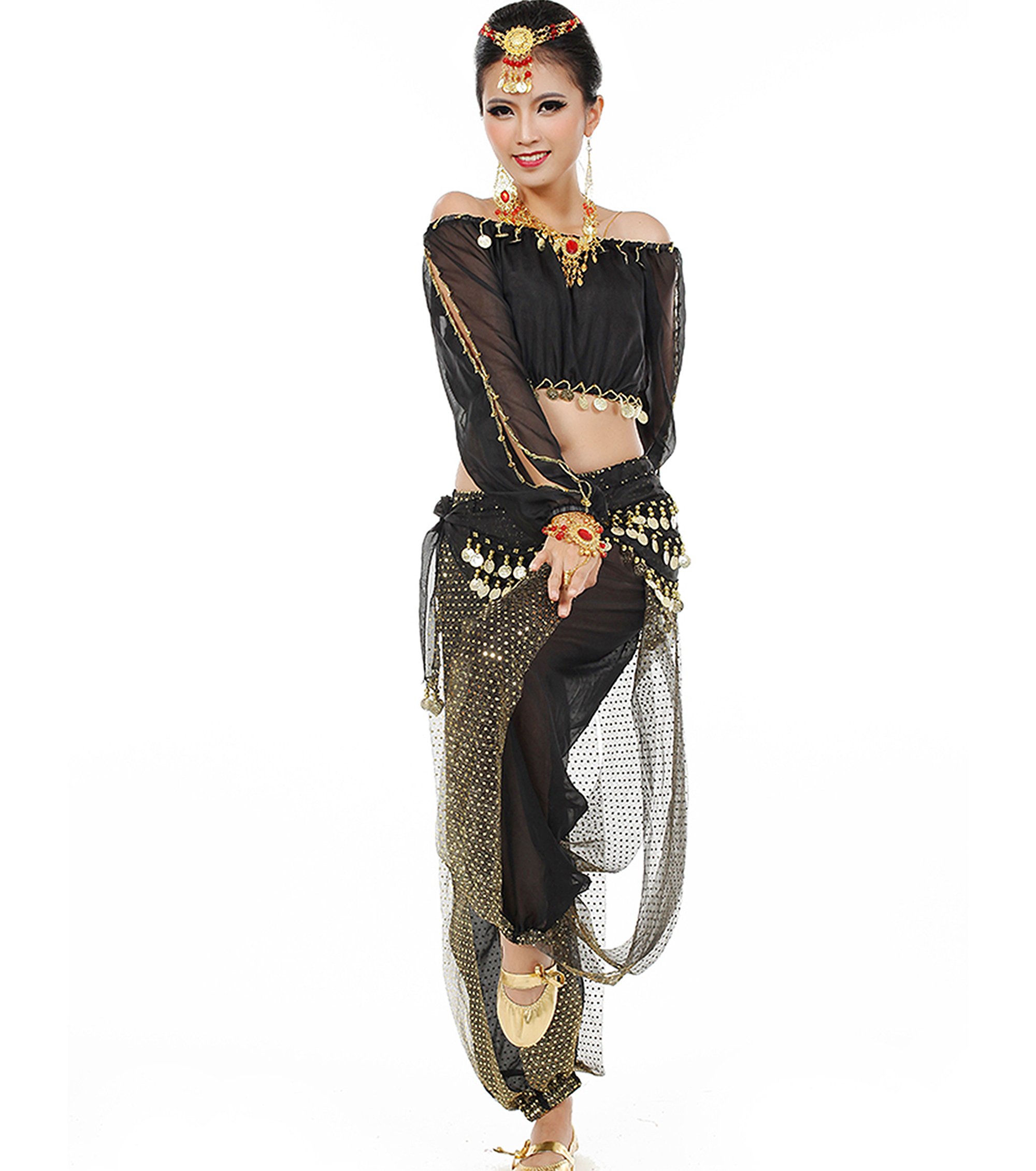 Astage Women Belly Dance Suit Costume Active Wear Longsleeve Top Pants Waist-Belt Sets