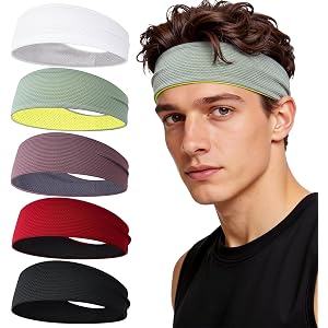 Braylin Sports Headbands for Men, 5-Pack Sweatbands Head Band Unisex Breathable Sweat Wicking Running Cycling Yoga Baseball W