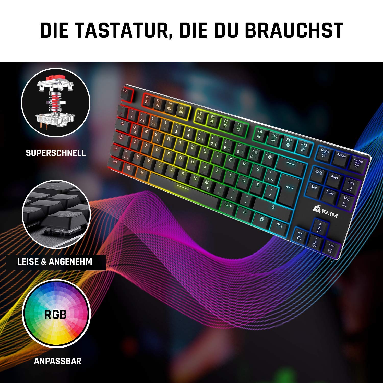 KLIM Dash TKL Mechanische Tastatur – Rote Low-Profile-Schalter, AZERTY, Kompakt Ohne Nummernblock, RGB-Beleuchtung, Metallrahmen