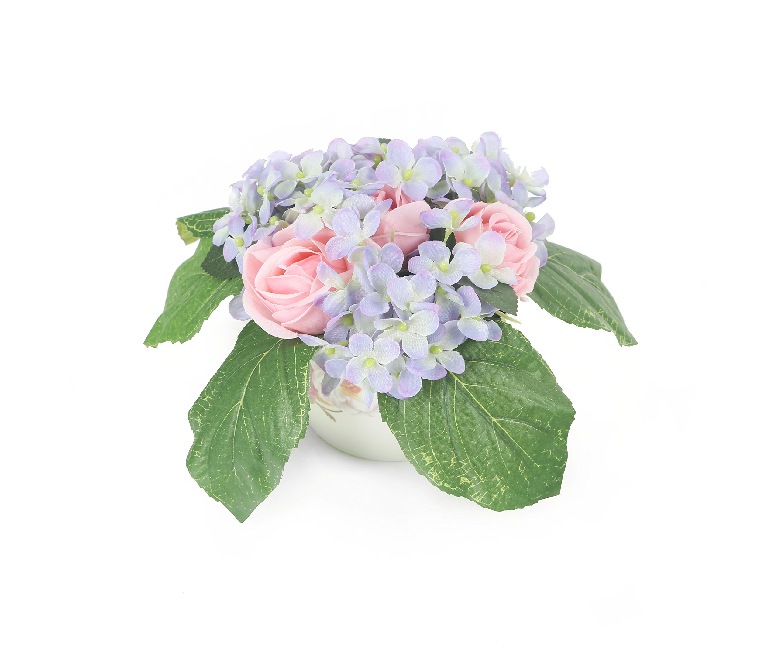 Floral Elegance Artificial 13cm Pink Rose and Blue Hydrangea Display