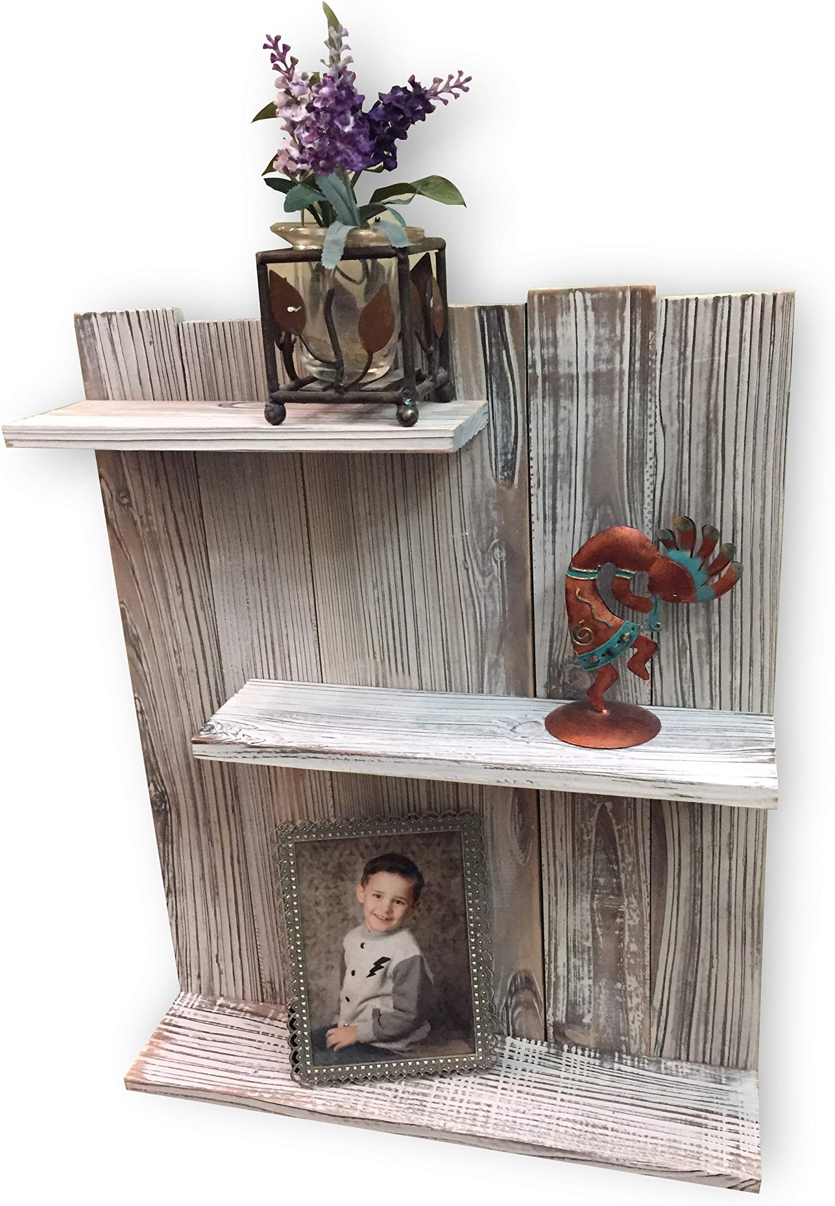 Smarter Ideas Rustic Torched Wood Pallet-Style Wall Mounted 3-Tier Decorative Display Shelf