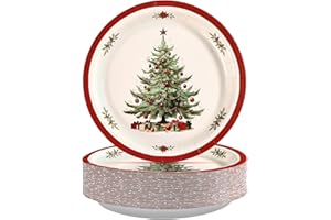 GRENCIAN 50Pcs Christmas Tree Party Supplies 9" Large Heavy Duty Xmas Trees Paper Plates Disposable Winter Red Border Christmas Trees Dinner Plates for Vintage Xmas Winter Holiday Birthday Party Decorations