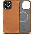 Belemay Compatible with iPhone 16 Pro Leather Case, Compatible with Magsafe, Premium Crazy Horse Leather [Vintage Aesthetic] Comfort Grip, Metal Buttons & Camera Bump Frame, (6.3") Tan Brown