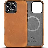 Belemay Compatible with iPhone 16 Pro Leather Case, Compatible with Magsafe, Premium Crazy Horse Leather [Vintage Aesthetic] Comfort Grip, Metal Buttons & Camera Bump Frame, (6.3") Tan Brown
