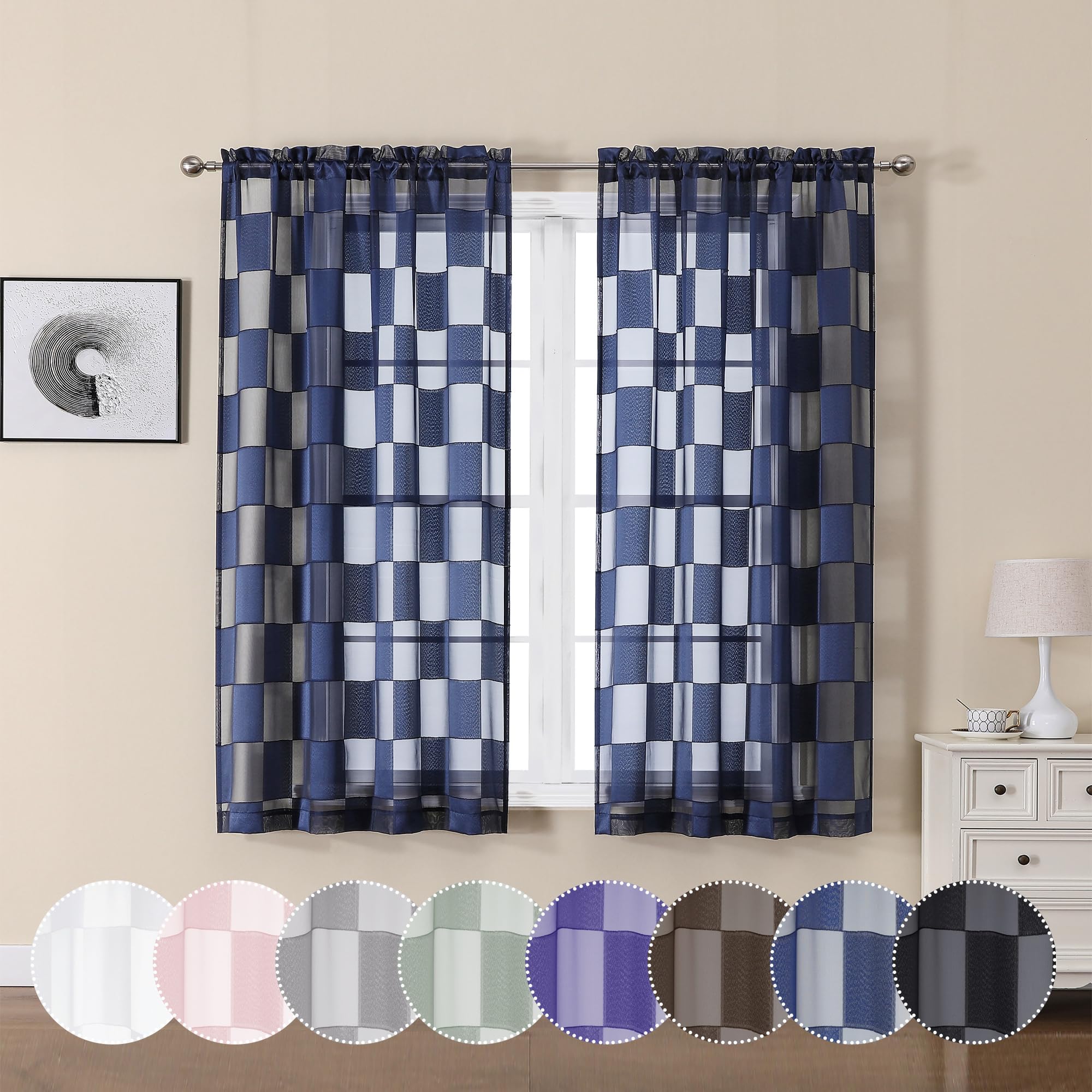 View 1 of OVZME Barry Navy Blue Curtains 54 Inches Long 2 Panels - Privacy Soft Checkered Light Filtering Sheer Drapes, Clip Textured Semi Sheer Curtains for Bedroom, Dual Rod Pocket, 28Wx54L