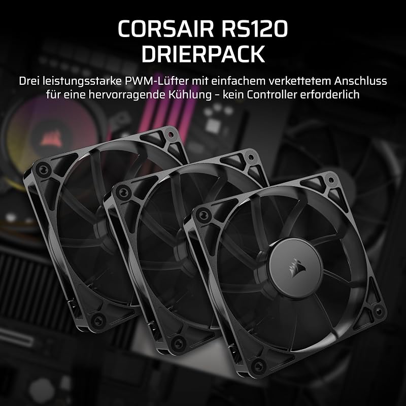 RS120 120mm PWM-Lüfter – Daisy-Chain-Verbindung – Geräuscharm – Magnetisches Dome-Lager – Dreierpack – Schwarz
