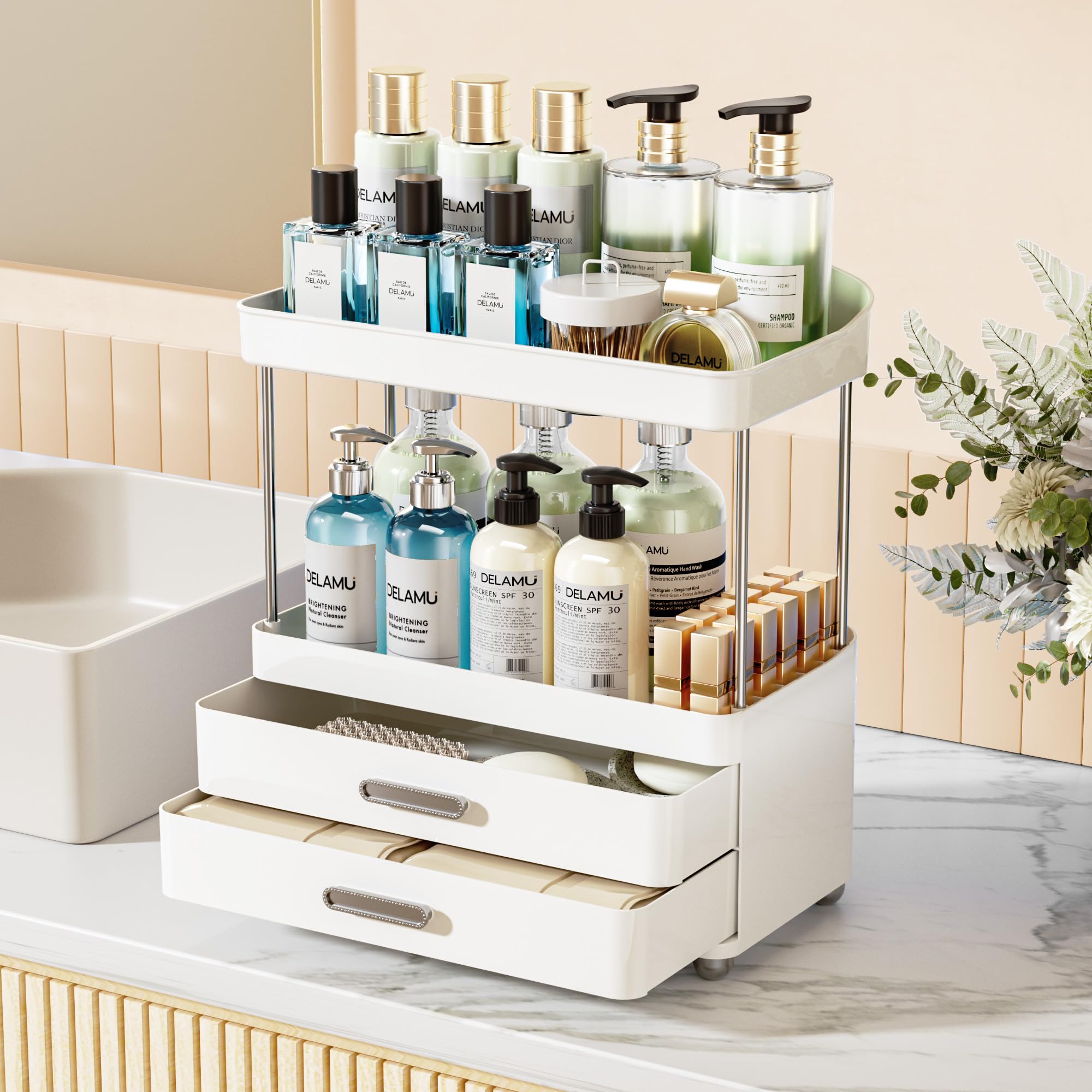 Photo 1 of Delamu Bathroom Counter Organizer with Lipstick Holder, 4-Tier 2-Drawers Makeup Organizer, Bathroom Organizers and Storage for Vanity, Office, Perfume, Skincare, White