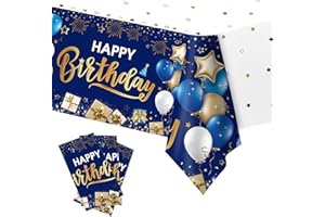 DUAIAI Happy Birthday Decorations, 3 Pcs Navy Blue and Gold Birthday Tablecloth for Boys Girls Men Women, Plastic Disposable Rectangle Table Cover for Birthday Party Supplies- 54" x 108"