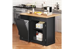 YITAHOME 50 Inch Rolling Kitchen Island with Trash Can Storage Cabinet & Drop Leaf, Portable Mobile Islands Table Long Floating Movable w Wheels Drawer Cabinet for 13 Gallon Garbage Bin, Black