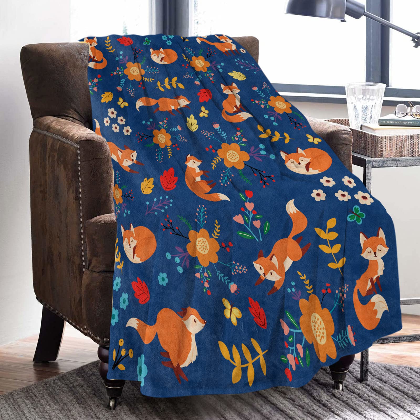 Domgoge Fox Blanket Baby, Soft Flannel Fox Blanket Throw, Blue Fox Fleece Blanket w/Flower, Warm Fluffy Fuzzy Wildlife Floral Blankets for Newborn Girls Boy Gifts Sofa Couch Crib Decor, 76x102cm