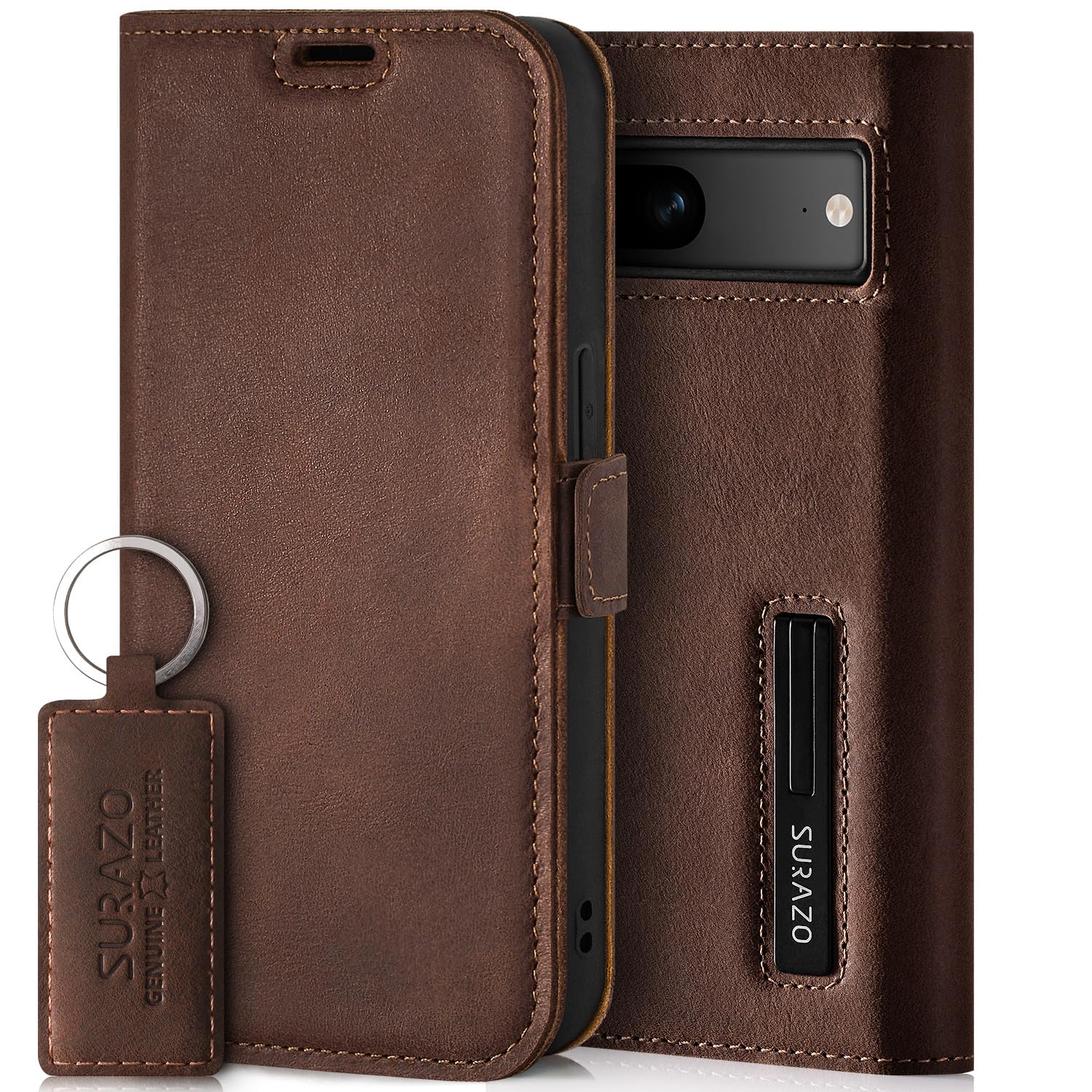 SURAZO Leather Wallet Mobile Phone Case Compatible with Google Pixel 8 - Flip & Fold Smartphone Case with Stand, RFID Blocker, Magnet Closure, 3 Slots for Bank Cards - Handcrafted European Leather