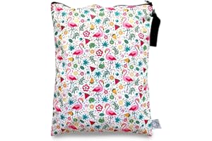 FLOCK THREE Washable and Reusable Wet Bag Diaper Bag Water Resistant Swimming Bag Travel Toiletries Pouch Pink Flamingos Zippered 12.6'' x 16.5''