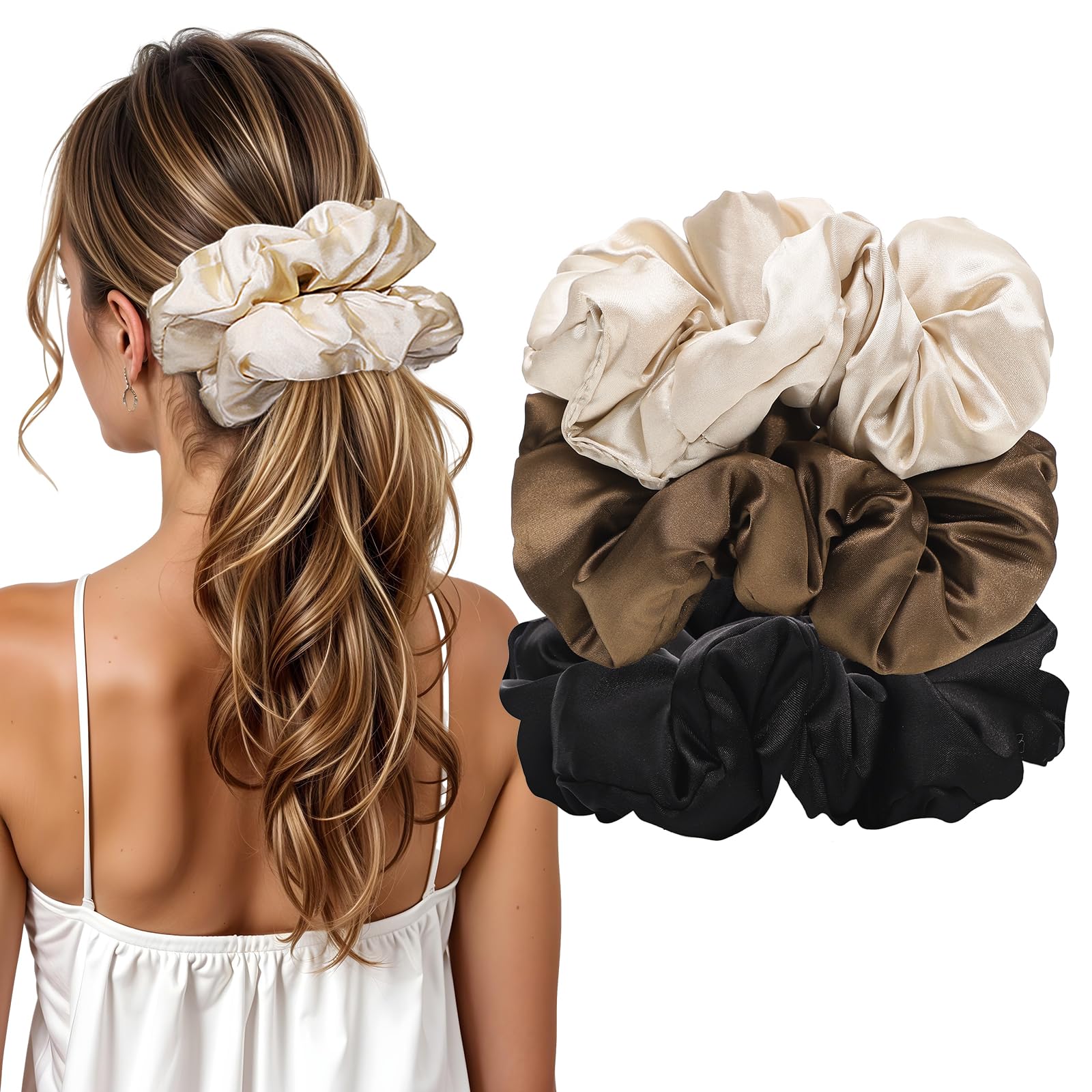 Photo 1 of 3Pcs Large Satin Hair Scrunchies, Pillow Satin Scrunchies for Thick Curls Hair Silk Sleepy Hair Tie Stocking Stuffers for Teen Girls
