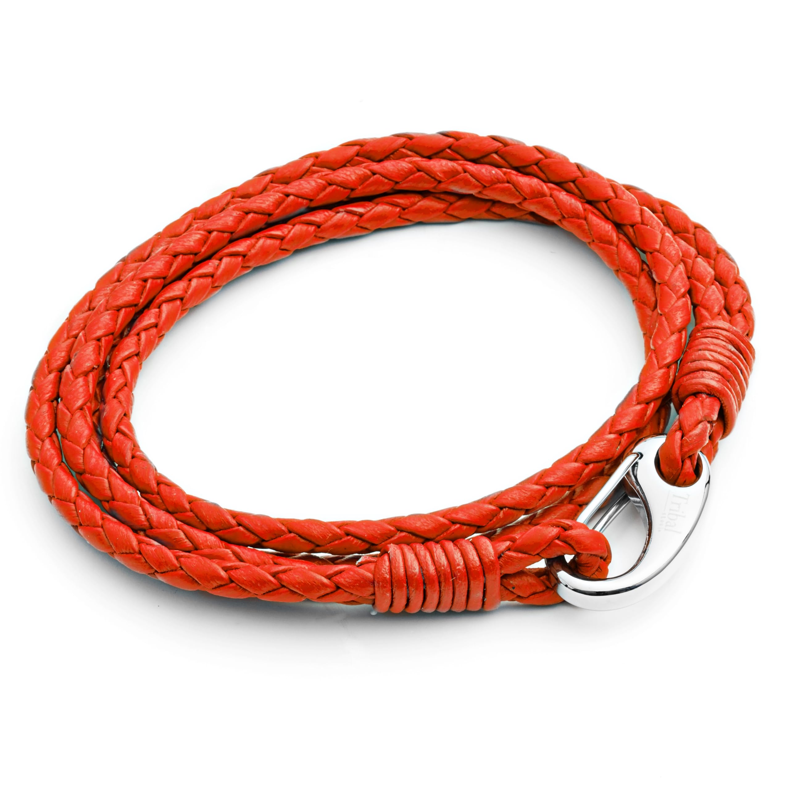 Men's Leather Bracelet, Vibrant Orange Braided Double Wrap, Stainless Steel Shrimp Clasp, 21cm Standard Size Bracelet For Men, by Tribal Steel