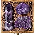 Anima Premium Amethyst Crystal Set – Amethyst Crystal Tower, Cluster and Raw Crystal - Large Crystals and Healing Stones in Wooden Box - Ideal Spiritual Gifts for Women for Meditation, Peace and Sleep