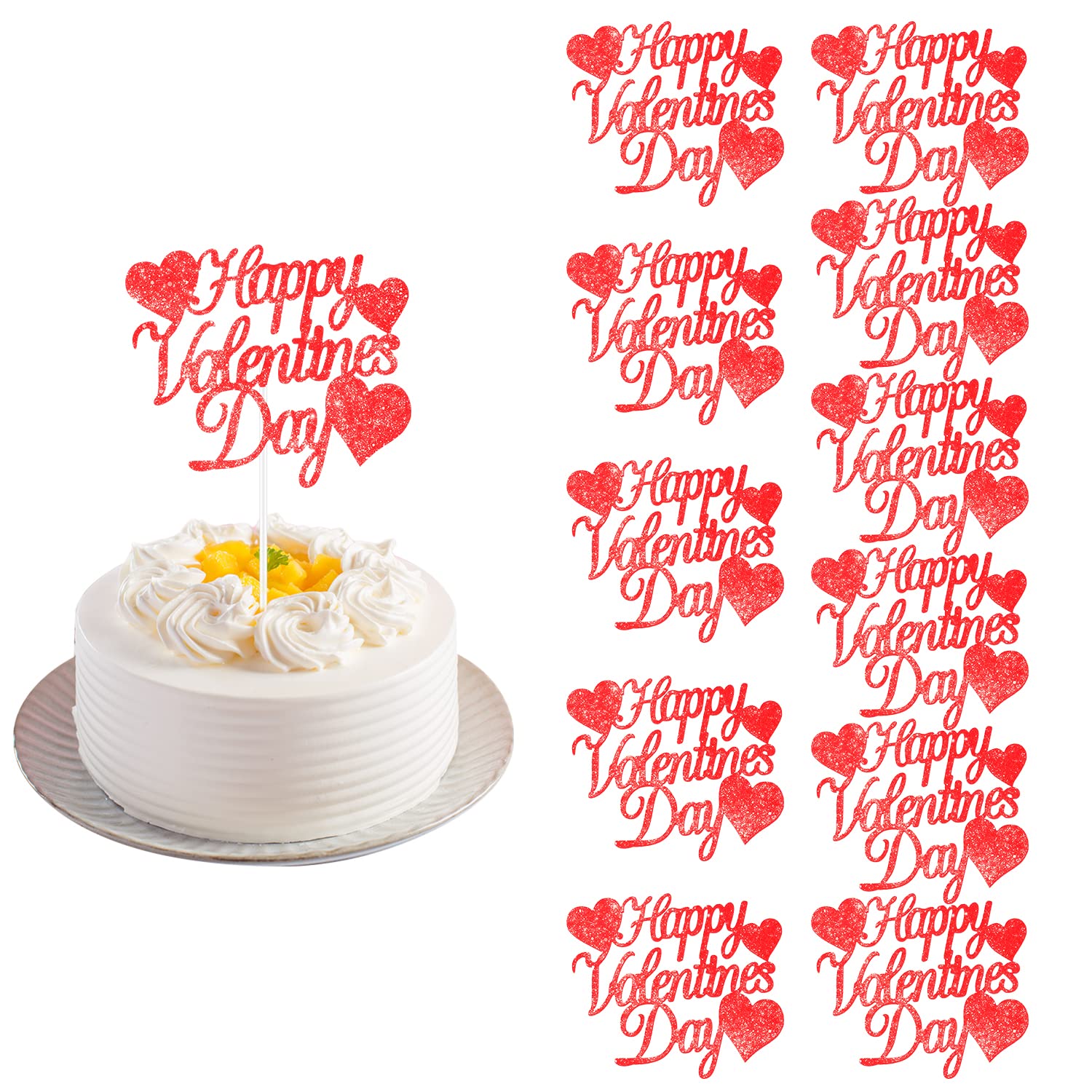 12pcs Happy Valentines Day Cake Topper, Red Glitter Cake Topper Party Decorations for Valentines Day Wedding Engagement Party