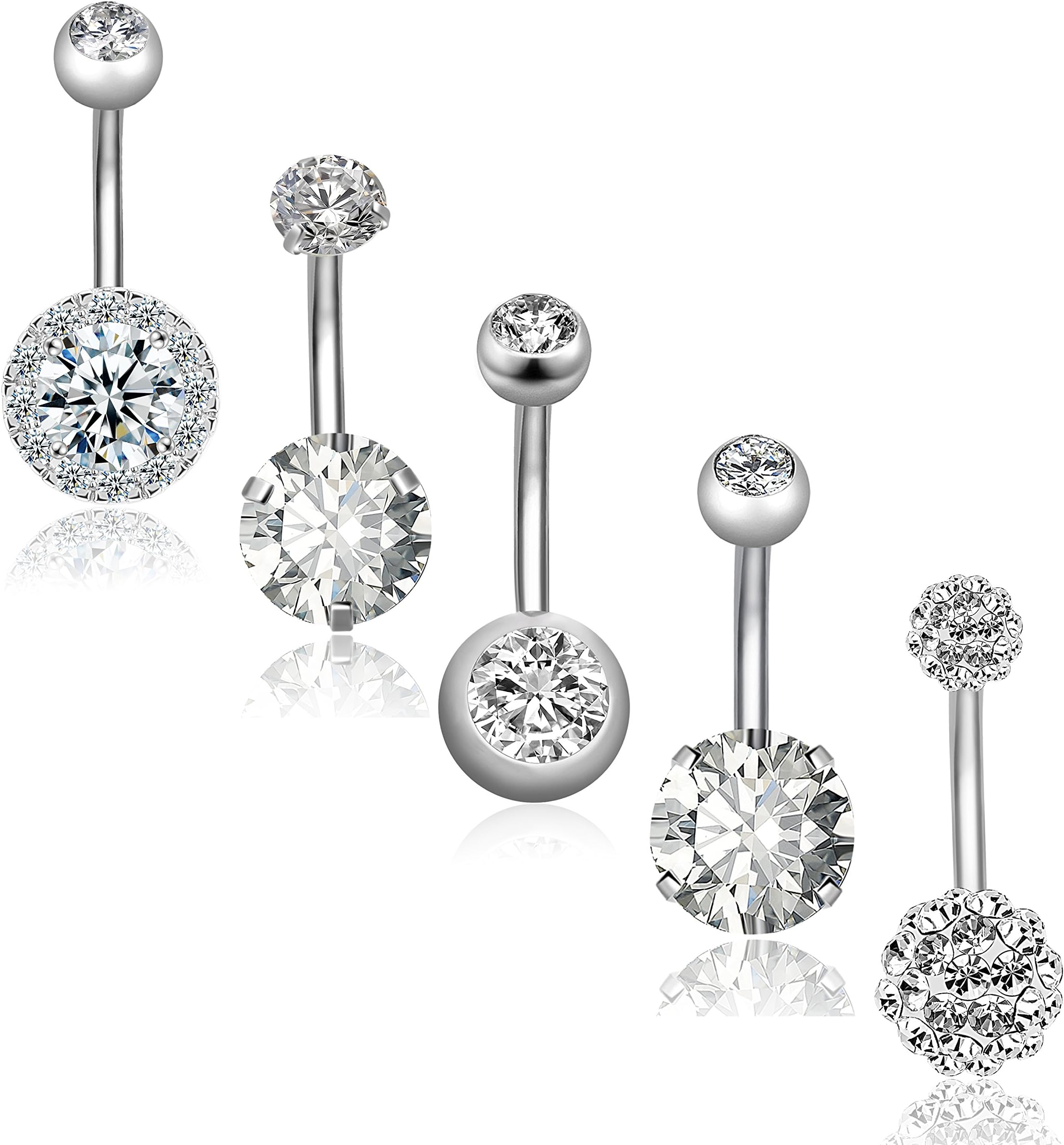 REVOLIA 5Pcs 14G Stainless Steel Belly Button Rings for Women Girls Navel Rings CZ Body Piercing