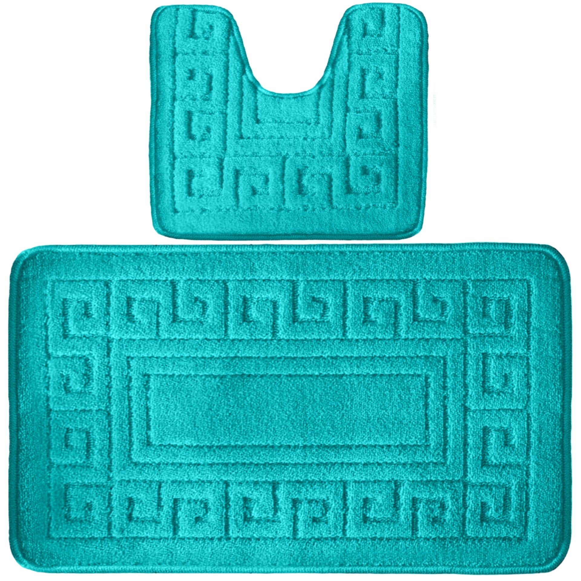 4All Bath Mat Sets 2 Piece Washable 50x80cm – Greek Pattern Toilet Mat and Pedestal Mat Set, Soft and Quick-Dry with Non-Slip Backing, Machine Washable and Moisture-Resistant (Teal)