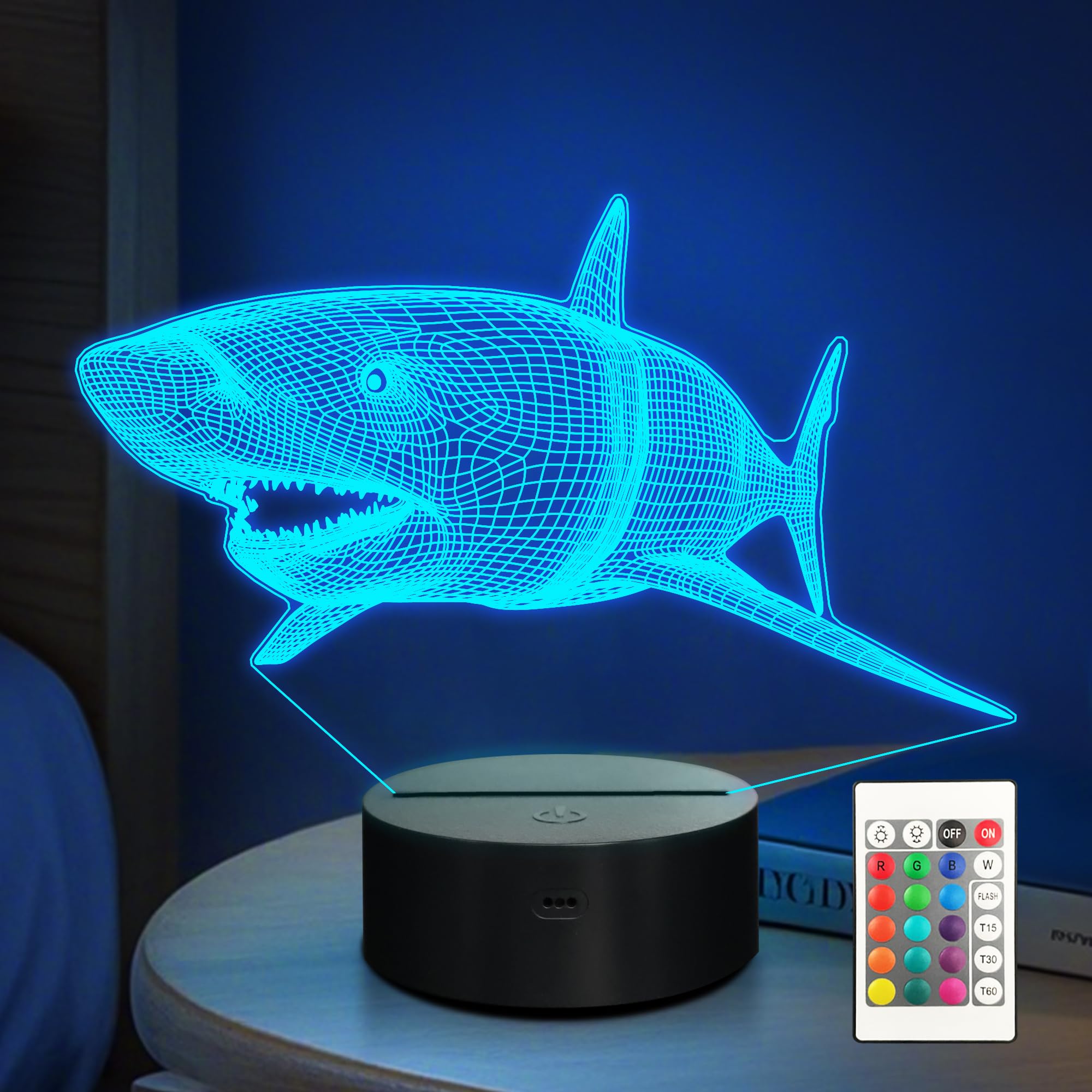 Photo 1 of 3D Shark Lamps Ocean Animal 3D Illusion Nightlights Led Timer Desk Dimmable Table Shark16 Color Changing Lights with Remote Control for Kids Boys Girls Children Holiday Birthday Christmas Gift