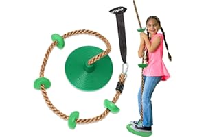 Jungle Gym Kingdom Tree Swing for Kids - Single Disc Seat and Brown Climbing Rope Set w/Carabiner and 4 Foot Strap - Treehouse and Outdoor Playground Accessories - Green