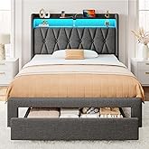 Rolanstar Twin Bed Frame with Drawer, Storage Headboard with Charging Station and LED Lights, Upholstered Bed with Heavy Duty Wood Slats, No Box Spring Needed, Noise Free, Easy Assembly, Dark Grey