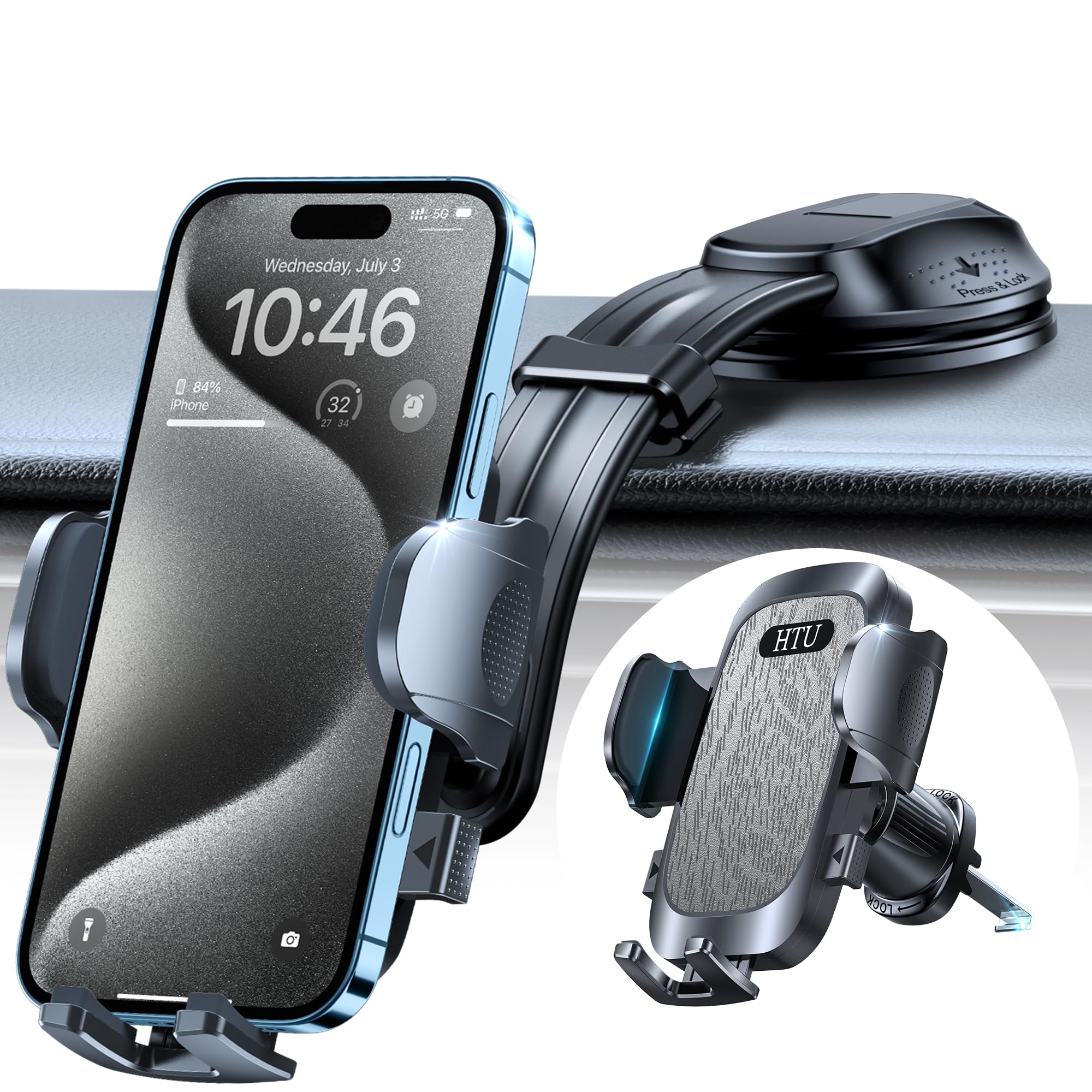 HTU【Upgraded Strongest Suction Car Phone Holder【Bendable Arm, Never Block View】 Rotatable Cellphone Mount for Dashboard Windshield Vent,Cradle Stand for iPhone 17 16 15 14 13 12 Pro Max, Light Gray