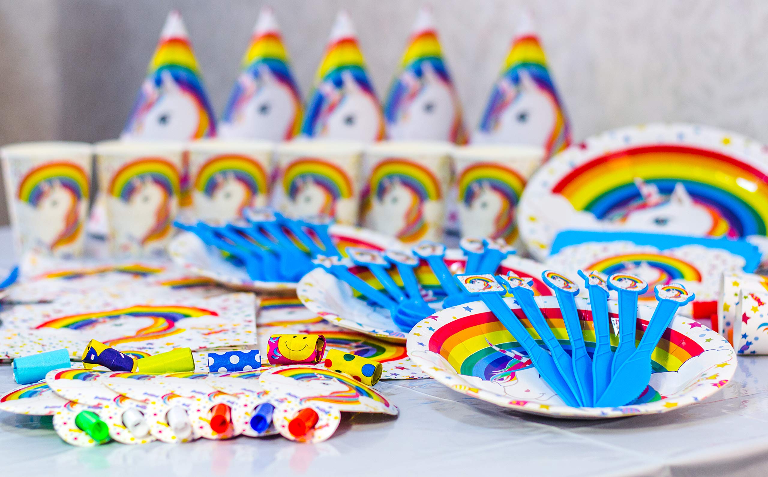 Sigmy Unicorn Party Supplies - (152 PCS)  All-in-One Rainbow Set: Plates, Utensils and Decorations Pack, Serves 10 People. Includes Banner, Hats, Bags, Invitations, Cups, Tablecloth