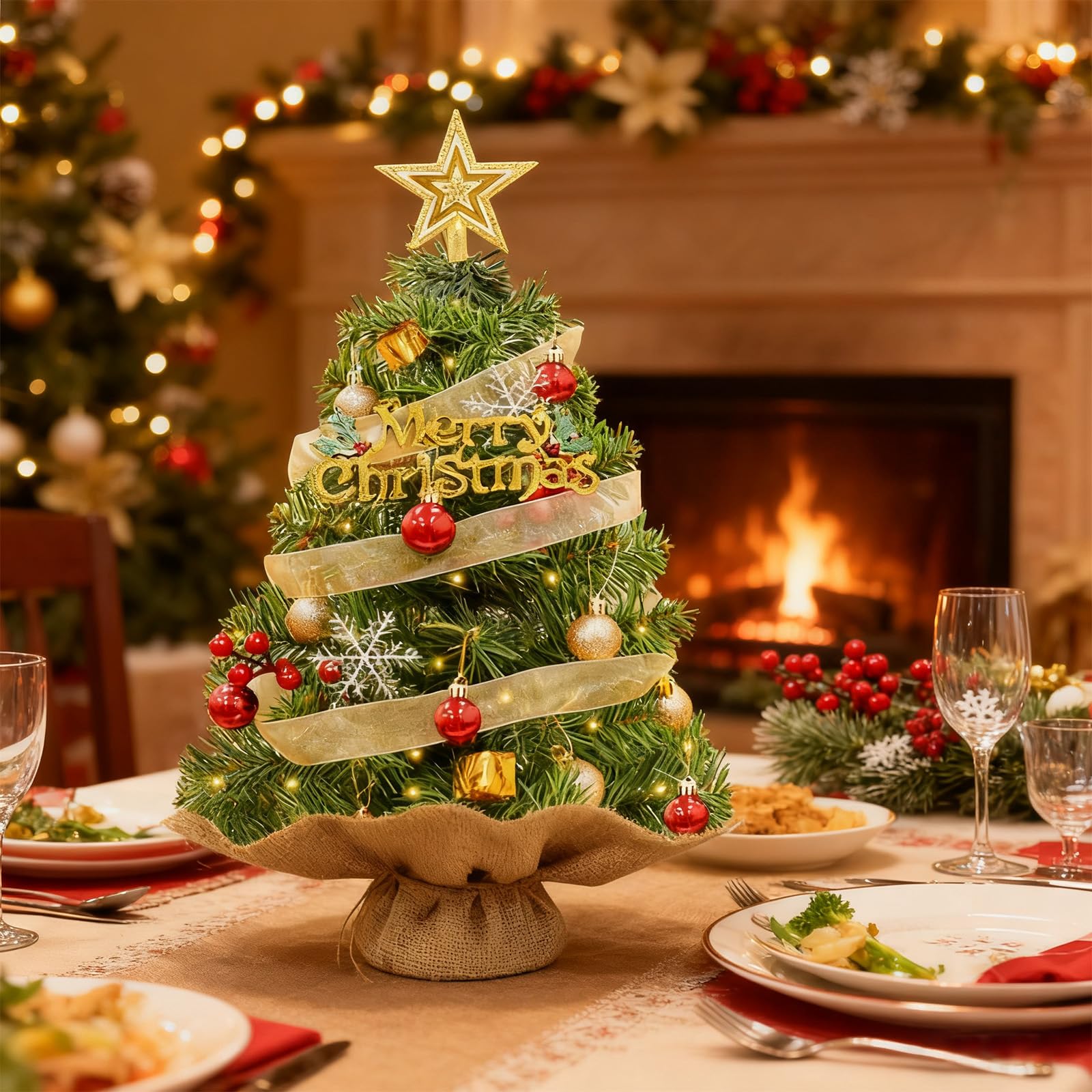 Photo 1 of 24-Inch Gold Tabletop Christmas Tree with LED Lights & DIY Ornaments, Mini Artificial Xmas Tree for Desk or Home, Prelit Battery Operated Holiday Decoration (Batteries Not Included