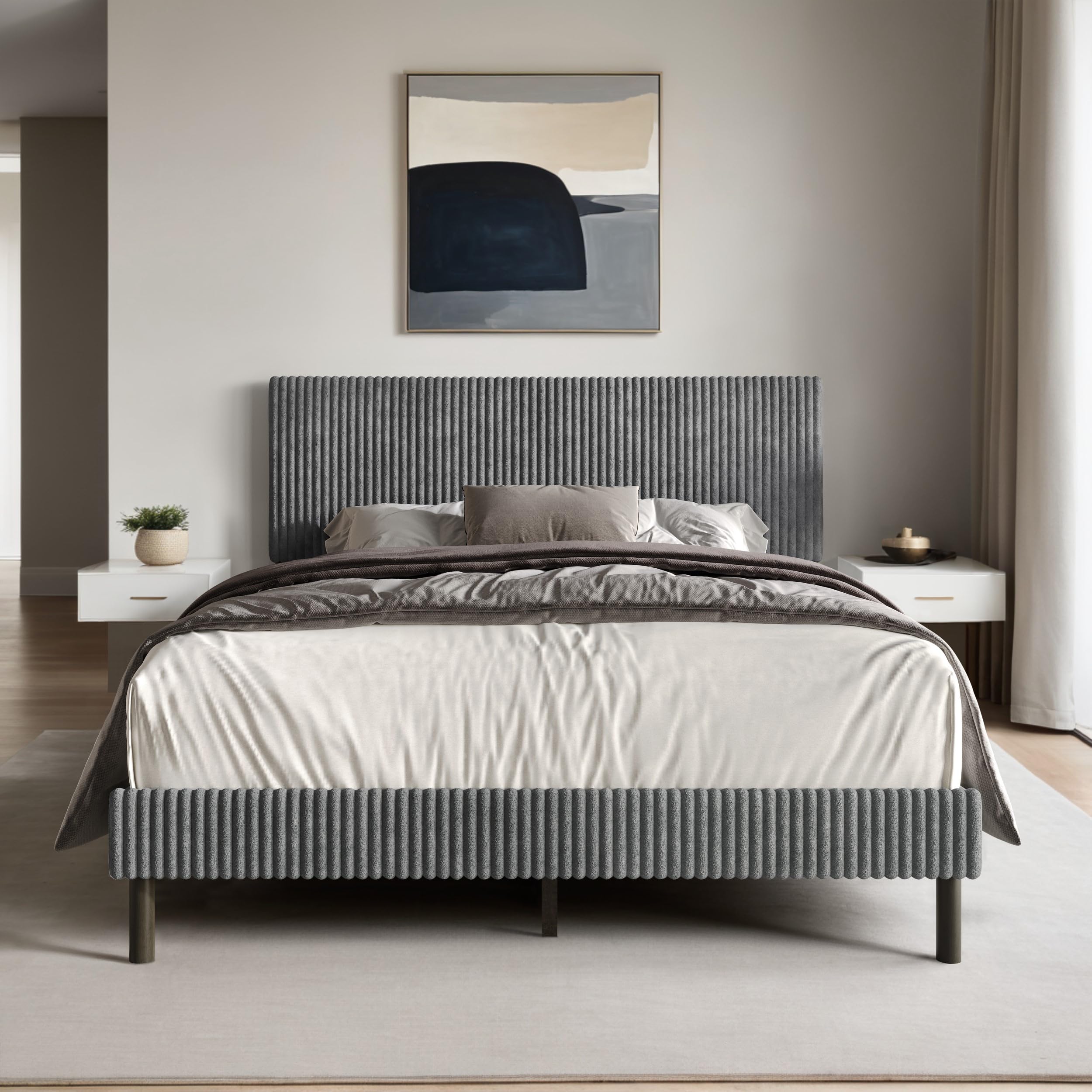 View 1 of **missing parts****HOME DESIGN Osceola Twin Size Upholstered Bed Frame, Corduroy Fabric, Panel Headboard with Channel Tufting, Platform Design, Box Spring Required, Gray