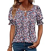 CRAZY GRID Women's Dressy Casual Top Puff Sleeve Summer Shirt Loose Trendy Pleated Blouse