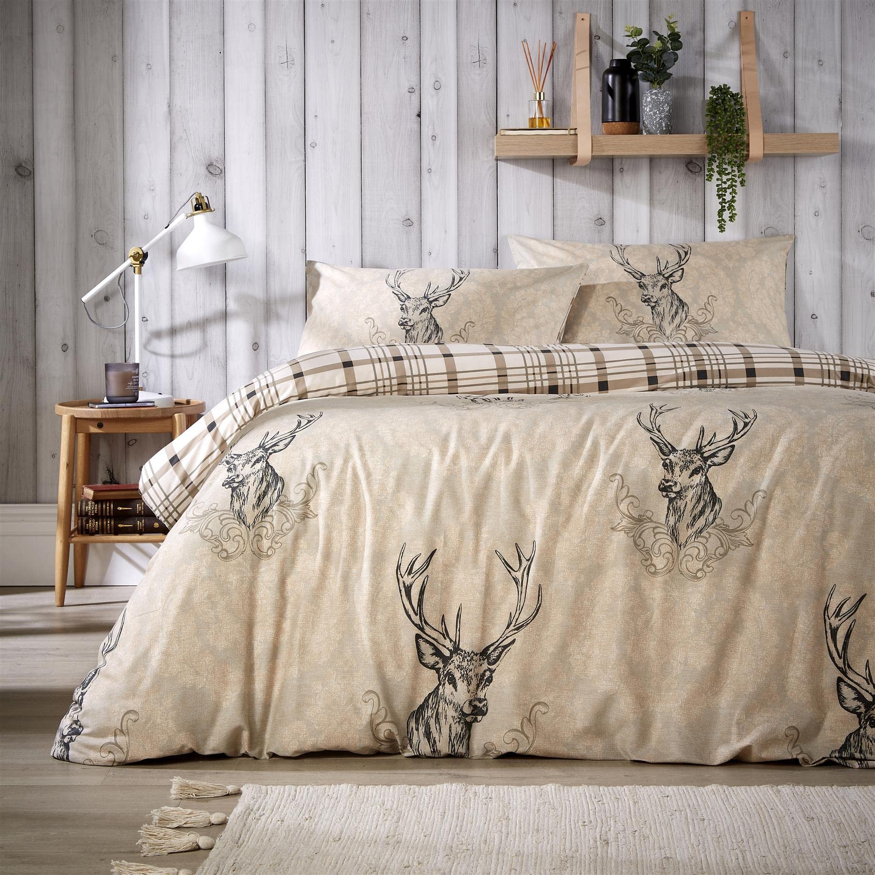 Olivia Rocco Stag Duvet Cover Set Cosy Highland Cotton Rich Quilt Covers Reversible Check Premium Bedding Bed Linen Sets, Double Natural