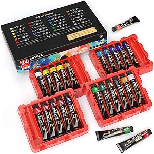 Arteza Oil Paint, Set of 24 Colors/Tubes (12ml/0.4oz) with Storage Box, Rich Pigments, Vibrant, Non Toxic Paints for The Professional Artist, Hobby Painters & Kids, Art Supplies for Canvas Painting