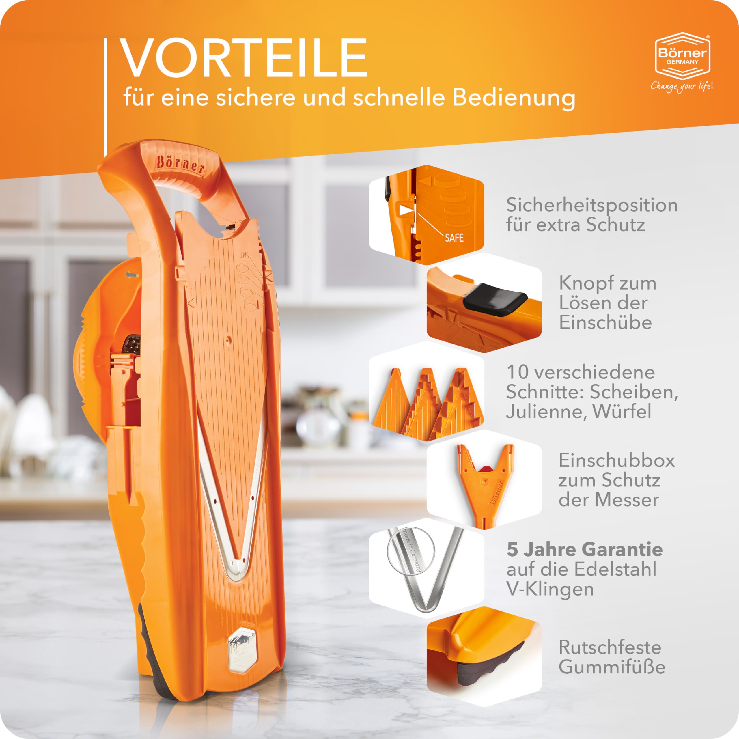 Börner Gemüsehobel V5 (Starter Set) • V-Hobel für Scheiben, Sticks & Würfel in vielen Größen • Gemüseschneider mit Edelstahl V-Klinge • Verstellbarer Küchenhobel • Farbe: Orange 4