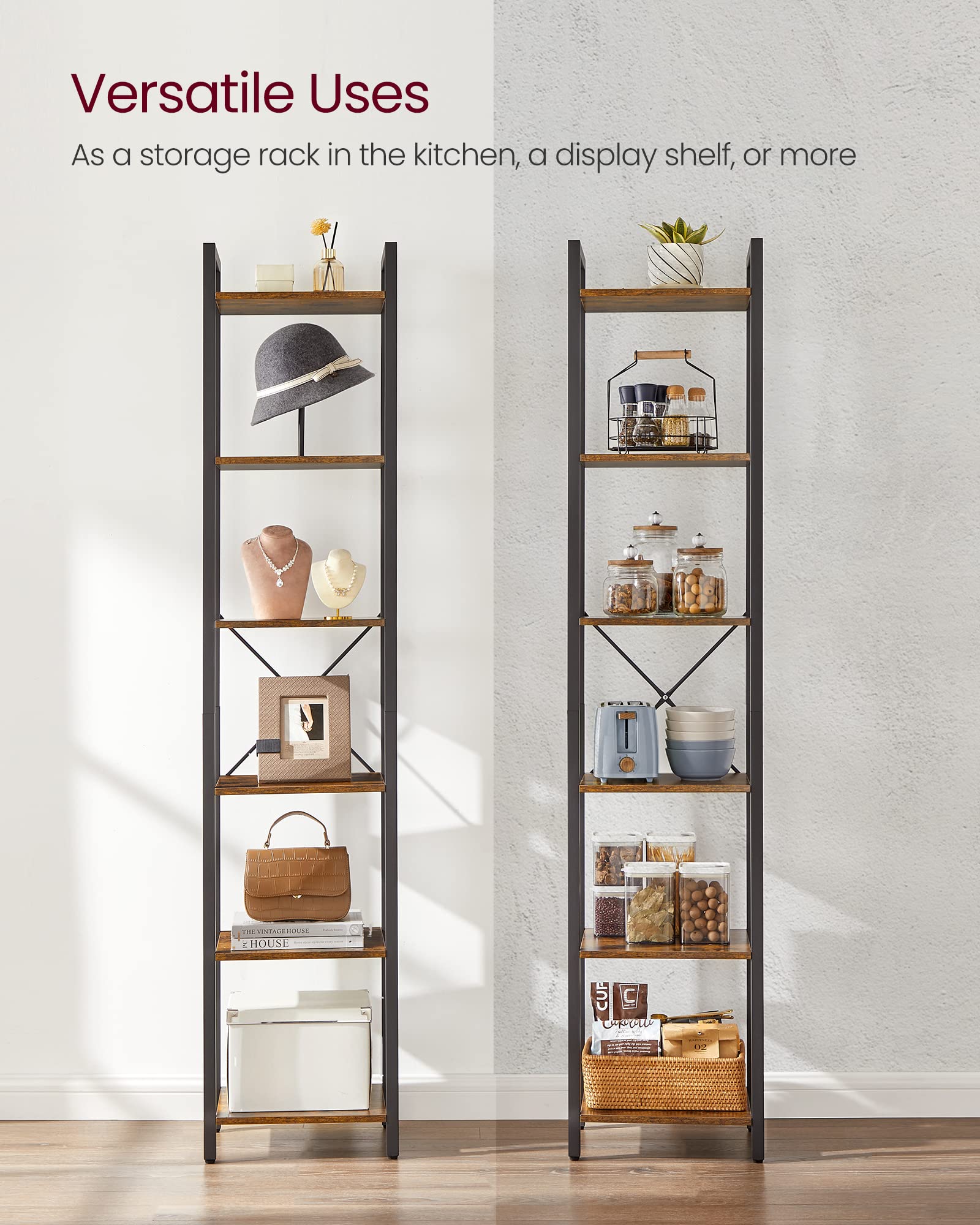 VASAGLE 6-Tier Bookshelf, Bookcase with Steel Frame, Book Shelf for Living Room, Home Office, Study, 11.8 x 15.7 x 73.2 Inches, Industrial Style, Rustic Brown and Ink Black ULLS101B01