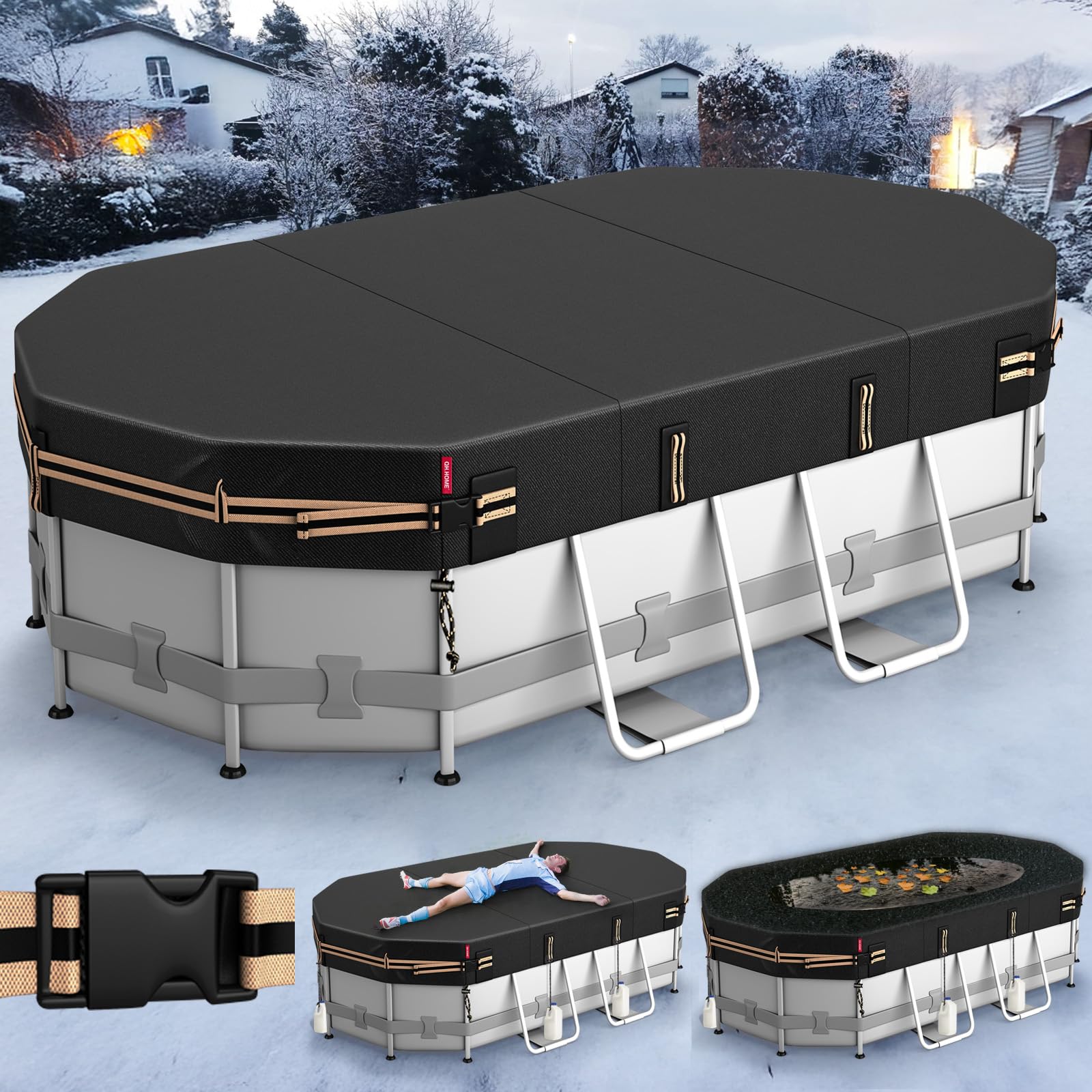 Photo 1 of QH.HOME Winter Oval Pool Cover for 12x20 Ft Bestway/Intex/Coleman Frame Oval Pool, [Excellent Windproof ] with Adjustable Buckle Straps & Weight-Bearing Rings,Cold and UV Resistant