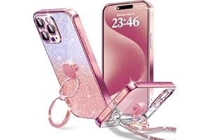 KAJICOO for iPhone 15 Pro Max Case Double Ring Kickstand Glitter Card & Strap 15 Pro Max Lightweight Thin Protective Phone Co